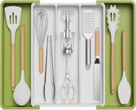 Merkloos Organisateur de couverts pour tiroirs, grand organisateur de couverts extensible pour la cuisine, organisateur de couverts réglable pour tiroirs, accessoires de cuisine en plastique, insert de séparation, grand, vert et blanc