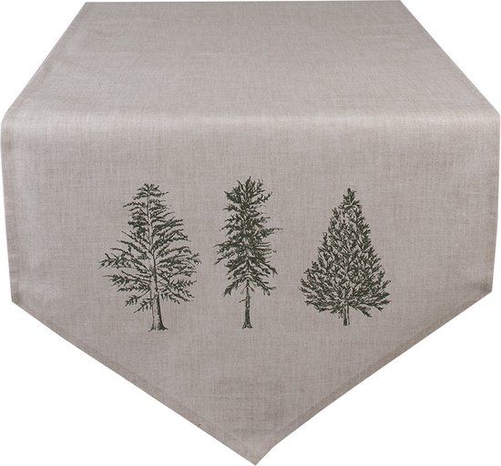 Clayre & Eef Tafelloper - 50x160 cm - Groen - Katoen - Dennenbomen