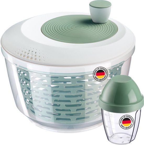 Westmark Slacentrifuge "Spinderella" (4,4 l) en meng- en schudbeker "Mix-Ei" (0,25 l) – Compacte centrifuge met ergonomische draaiknop en schenktuit – Shaker met schroefdeksel en mengschijf – Mintgroen