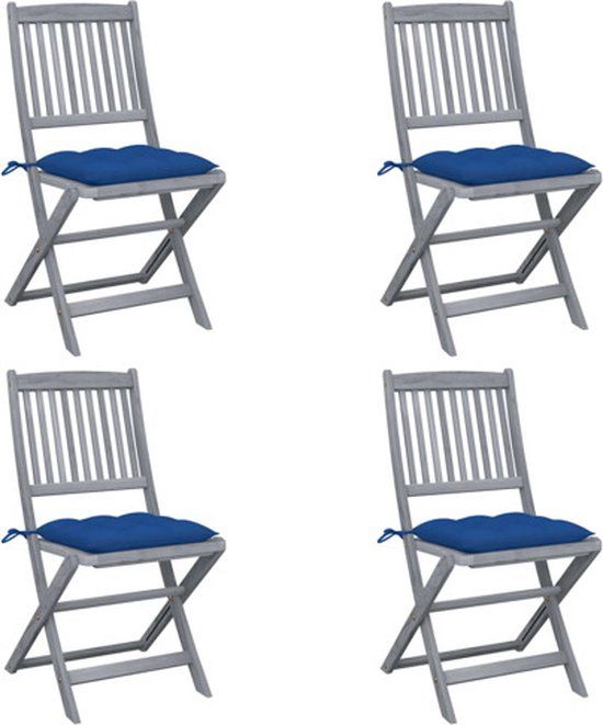 vidaXL Set van 4 Klapstoelen met Kussens, Massief Acaciahout, Blauw