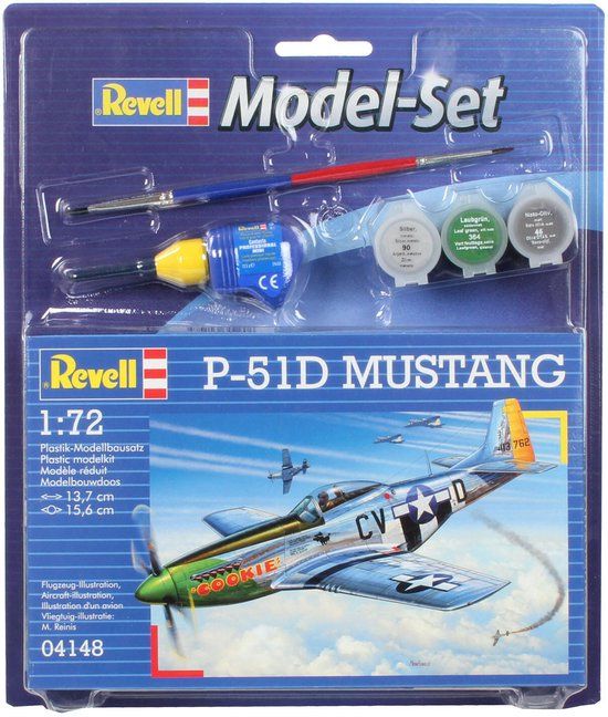 Revell 1:72 P-51D Mustang Plane Model Set - Plastic Model Kit with Paint and Glue