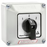 Heschen Universele draaischakelaar, SZW26-20/D202.2D, 660V 20A, ON-OFF-ON 3 posities, 2 fasen, 8 klemmen, met hoofdschakelaar, buitenbox (grotere doos)