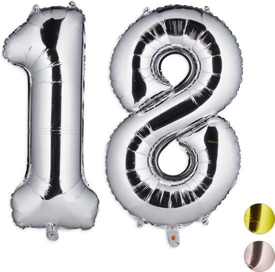 Relaxdays Folieballon Cijfer 18 - Zilver - 85 cm - Party Decoratie