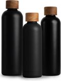 T&N Roestvrijstalen drinkfles, 1 liter, thermosfles, 1 l, met acaciahouten deksel, geïsoleerde waterfles, lekvrij bij koolzuur, thermosfles, 1000 ml, antraciet