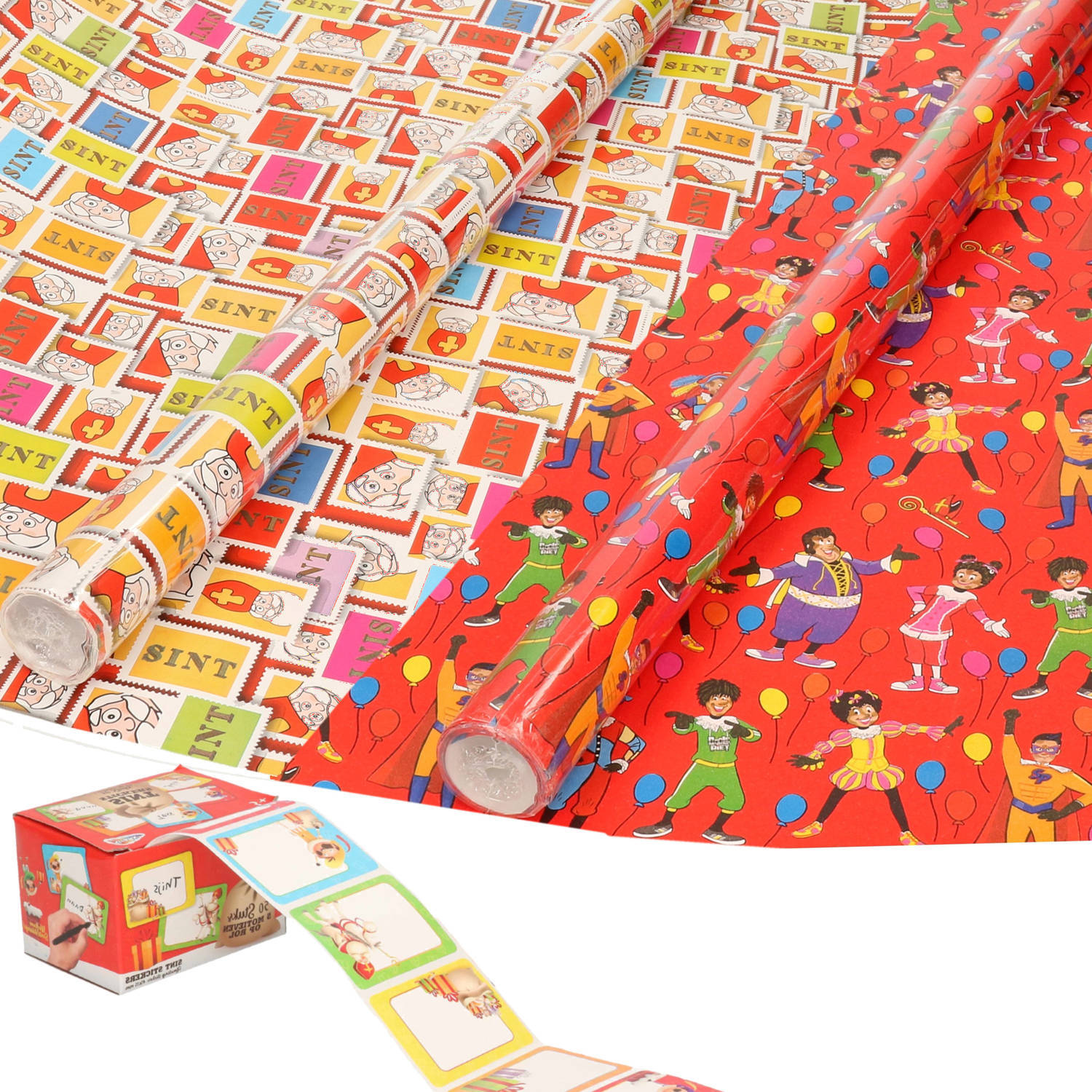 Bellatio Decorations sinterklaas inpakpapier/cadeaupapier 6x rollen en 50 naam stickers - cadeaupapier