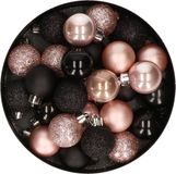 Kaemingk B.V. Petites boules de Noël - 28x pcs - noir et rose clair - D3 cm - plastique - décoration de Noël