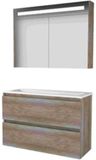 Basic-Line Premium 39 Badkamermeubelset - Ondiep - 100 x 39 cm - Greeploos - 2 Lades - Acryl Wastafel - Zonder Kraangat - Spiegelkast met LED Verlichting - Scotch Oak