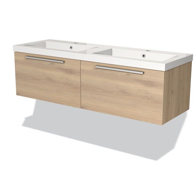 Maxaro Badkamermeubel 140cm Modulo Lichtbruin Eiken 2 Lades Vlak Wastafel Mineraalmarmer