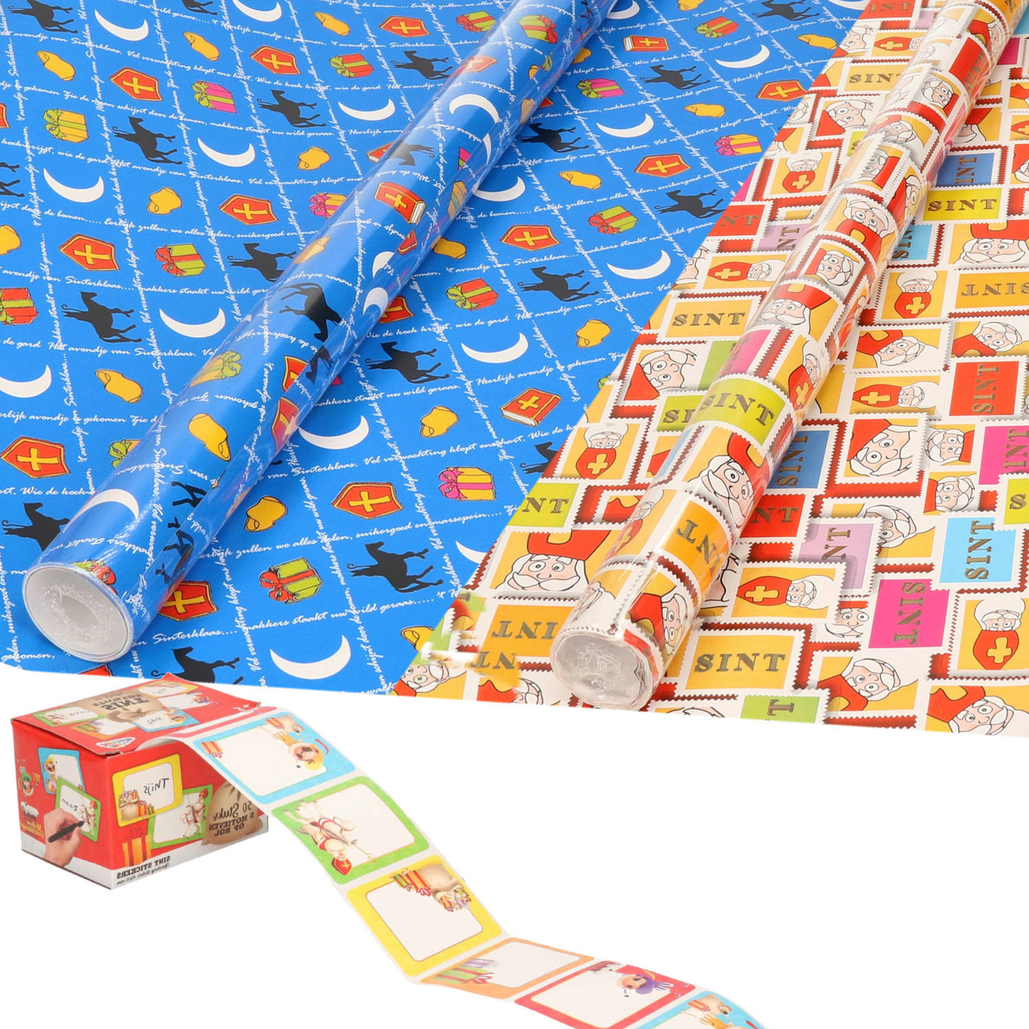 Bellatio Decorations sinterklaas inpakpapier/cadeaupapier 6x rollen en 50 naam stickers - cadeaupapier
