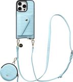 AVY Leren Hoesje geschikt voor Apple iPhone 16 Pro | Met Koord, Wallet en Pouch | Compatibel met MagSafe | Leather Case met 130CM Koord | Long Leather | Croco Blauw
