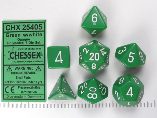 Chessex dobbelstenen set 7 polydice Opaque Green w/white