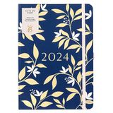 Busy B A5 To Do-dagboek van januari tot december 2024 - marineblauw en gouden bloemen - weekagenda met notities, scheurlijsten en zakken