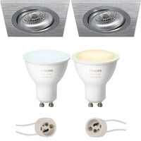 BES LED Pragmi Borny Pro - Inbouw Vierkant - Mat Zilver - Kantelbaar - 92mm - Philips Hue - LED Spot Set GU10 - White Ambiance - Bluetooth