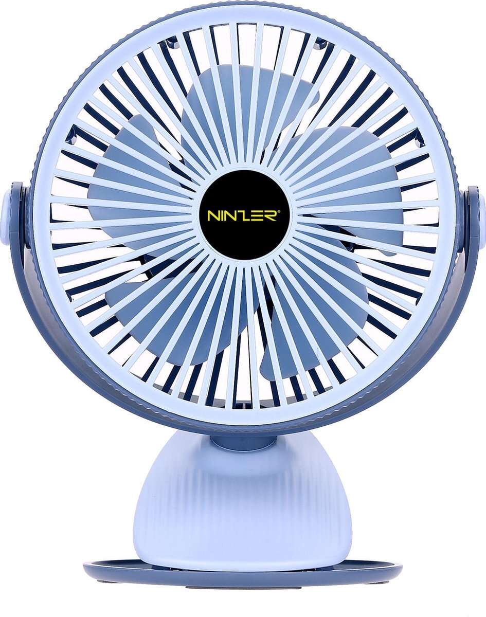 Ninzer® Stille Fan Tafelventilator 360° Draaibaar met Clip en Ingebouwde Oplaadbare Batterij | Blauw