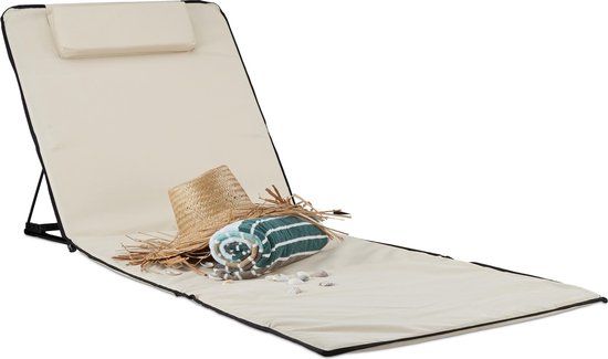 Relaxdays Strandmat XXL met Kussen - Gevoerde Strandstoel - Opvouwbaar - Draagtas - Beige