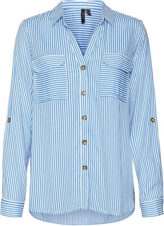 VERO MODA VMBUMPY L/S SHIRT NEW WVN GA NOOS Dames Blouse - Ibiza Blue/Snow White - Maat S
