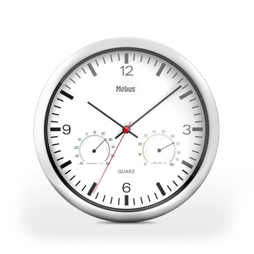 Mebus Kwarts wandklok met thermometer en hygrometer - zilver - 25cm