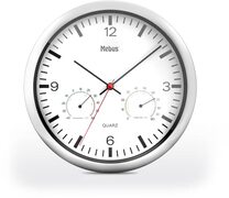 Mebus Kwarts wandklok met thermometer en hygrometer / zilver frame / witte wijzerplaat / 25cm diameter / rond / model: 56730 / kleur: zilver, wit