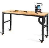 Latios Werkbank - Tafel de travail réglable en hauteur - 154,9 x 50,8 cm - 79,5-104,9 cm - 725,7 kg - Plateau en bois dur - Cadre en métal - Roues et prises électriques
