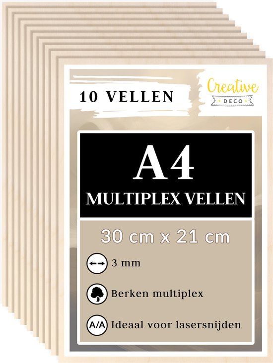 Creative Deco 10 x A4 multiplex plaat 3mm | 300 x 210 mm | berken multiplex laser-geschikt dun hout blanks | perfecte plaat voor lasergraveren, lasersnijden, fretwork, pyrografie, CNC router