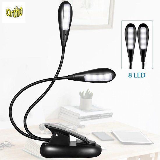 Ortho® - Boek leeslampje met Dubbele Lamp en Klem - Oplaadbaar - Zwart