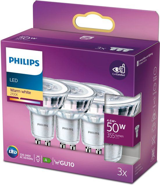 Philips LED Spot GU10 - 3x Warm White - 4.6W - 355lm - 2700K