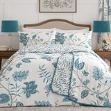 Dreams & Drapes Groenblauwe bloemen dekbedovertrek set - super kingsize (260 x 220cm) - damast turquoise beddengoed - vintage wit & blauw dekbedovertrek