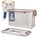 CleverMade Opvouwbare stoffen wasmand - premium opvouwbare pop-up opbergbak - ruimtebesparende mand met zijhandgrepen groot, crème visgraat, verpakking van 2 stuks