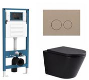 QeramiQ Dely Toiletset - inbouwreservoir Qeramiq Flush - 35mm zitting - kunststof taupe bedieningsplaat - ronde knoppen - mat zwart