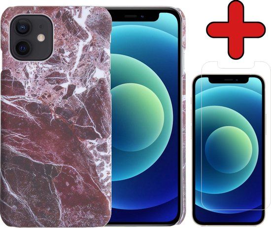 BTH iPhone 12 Case - Marble Hardcover Fashion Case with Screen Protector - Red