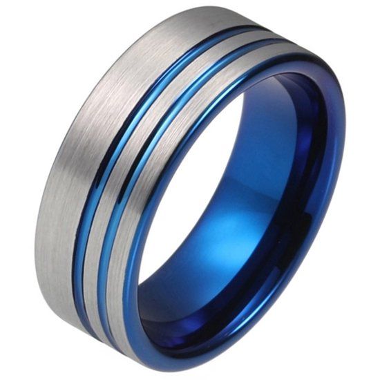 TJ Tom Jaxon Wolfraam heren ring Dubbele Groef Geborsteld Zilverkleurig Blauw-17mm