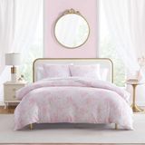 Betsey Johnson Queensize dekbedovertrekset, luxe satijnen beddengoed met bijpassende shams, zijdeachtige woondecoratie voor haar en huid (vlindertuin roze, koningin)