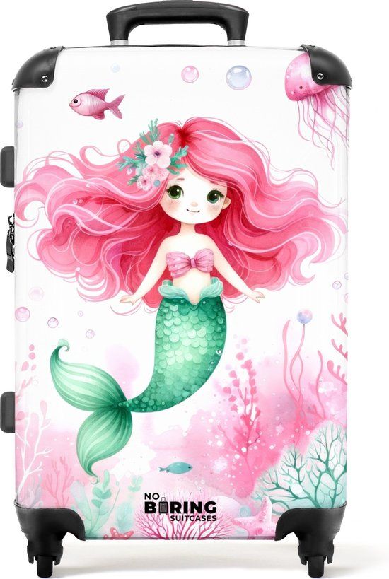 NoBoringSuitcases.com® - Kinderkoffer meisje - Roze zeemeermin watercolor - Hardcase - 67 cm - 72 l - TSA slot
