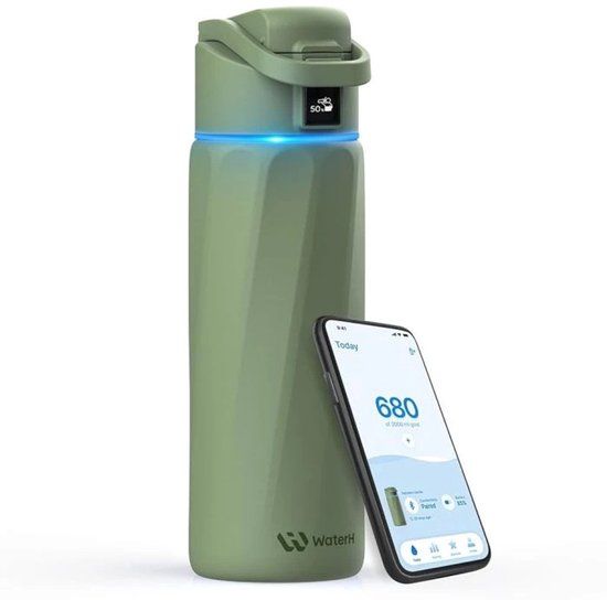 WaterH BOOST - Slimme Waterfles met Herinnering om Water te Drinken & Water Tracker Fles - Dubbelwandige stalen drinkfles - Wijde opening - 946ml - Mint Groen