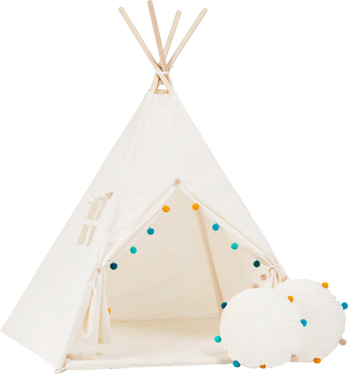 sowka TIPI tent Beige met gekleurde pompons + 2 kussens en speelmat