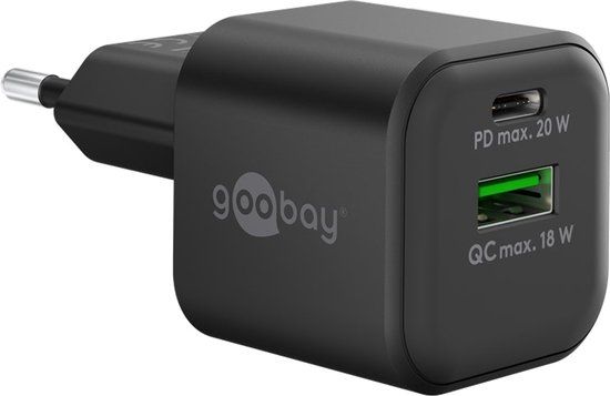 Goobay USB Thuislader Voedingsadapter 20W - USB-A en USB-C - PD - GaN - Pro - Zwart