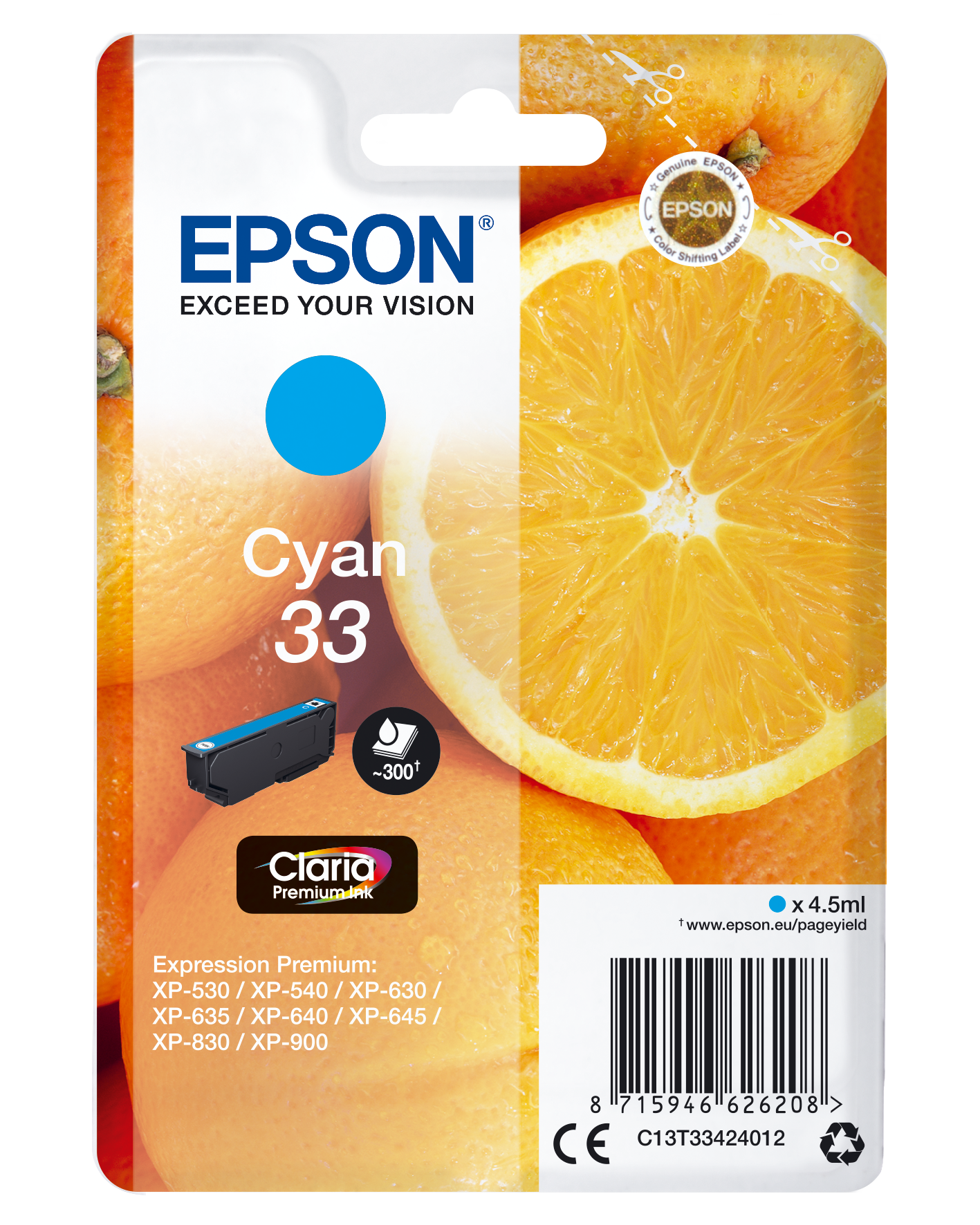 Epson Oranges Singlepack Cyan 33 Claria Premium Ink single pack / cyaan