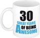 Bellatio Decorations Shoppartners Bv Verjaardag 30 jaar Koffiemok Cadeau - Great years of being awesome - wit/blauw - beker - Jubileum - voor heren - mannen