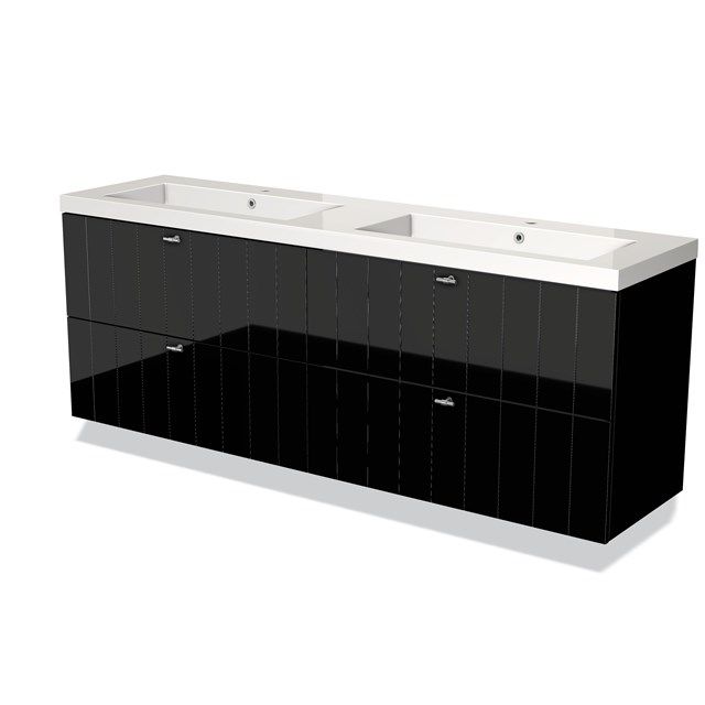 Maxaro Badkamermeubel 180cm Modulo Hoogglans Zwart 4 Lades Lamel Wastafel Mineraalmarmer