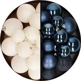 Decoris Kerstballen 60x stuks - mix wol wit/donkerblauw - 4-5-6 cm - kunststof - kerstversiering