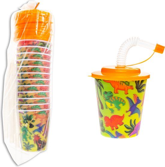 Merkloos / Sans marque 12x Dinosaur 3D Drink Cups with Straw and Lid - 250ML - Dino Plastic Cups - Party Favors