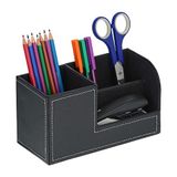 Relaxdays bureau organizer, pennenbak 3 vakken, kunstleer, HxBxD: 11 x 20 x 9,5 cm, make up, kantoor, zwart