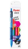 Pentel BX470/4FUNNY iZee balpen met metalen clip, blauw, groen, oranje, roze, 4 stuks