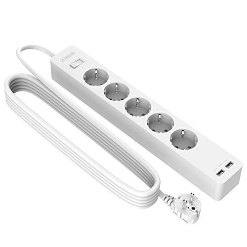 NTONPOWER 5-Voudige Stekkerdoos, 3M Lange kabel, met 2 USB, Overspanningsbeveiliging, Wit