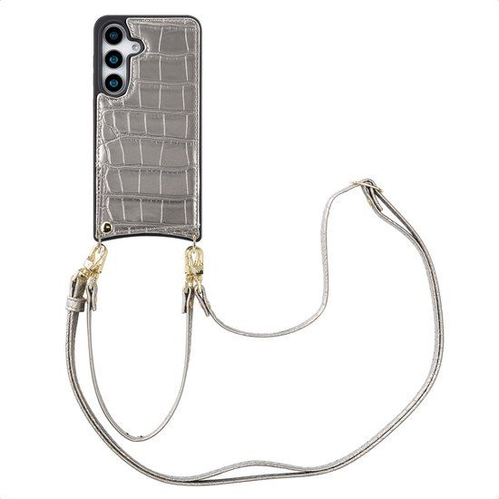 Selencia Hoesje - Geschikt voor Samsung Galaxy S25 - Croco Backcover met koord en pashouder - Zilver