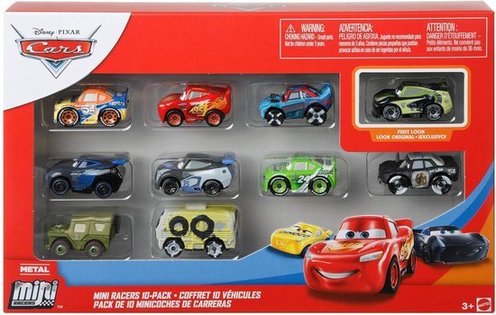 Disney Pixar Cars Mini Racers Derby Racers Series 10-Pack kleine metalen filmvoertuigen voor concurrentie en verhaal spelen, brede karaktervariëteit, authentieke details GKG08