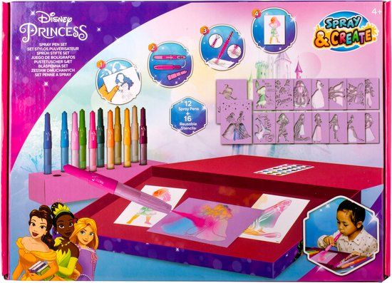 canenco Disney Princess Spray Pen Set Deluxe - Drawing Set for Kids with Colored Pens and Stencils