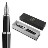 Parker Meridian Vulpen | Zwarte lak met chroomafwerkingen | Middelgrote penpunt | Blauwe inkt | Luxe Cadeaudoos