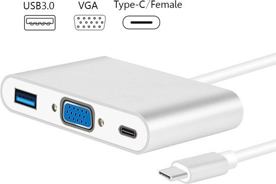 Drphone 3 in 1 USB Type C Hub - USB 3.0 + VGA + USB-C - Chrome Zilver
