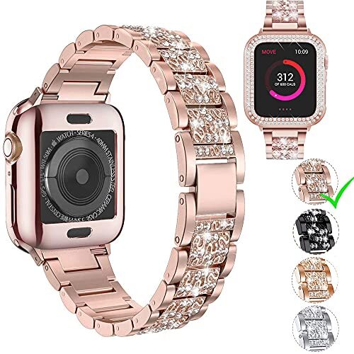 Dupsonf Compatibel met Apple Watch Band 38/40/41mm 42/44/45mm Rvs Vrouwen Diamant Strass Strap, voor iWatch SE Serie 7/6/5/4/3 met Protector case, Roze, 41mm